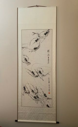 Large 6 Foot Chinese Scroll Hand Painting Vivid Shrimps