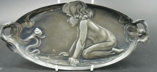 Wmf Art Deco Pewter Calling Card Tray - Small Boy Watching Snail