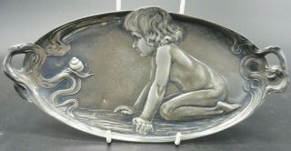 WMF art deco pewter calling card tray - small boy watching snail 2