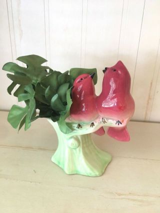 Vintage Red Birds On Tree Vase/planter Ceramic Nicknack Pink/green 5 " Tall