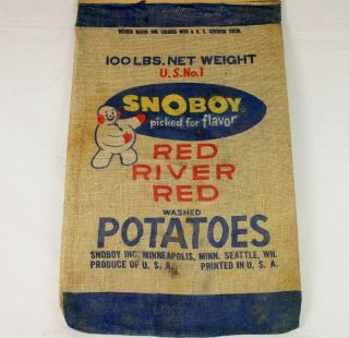 Vintage Snoboy Red River Red Potatoes 100 Lbs Burlap Sack Minneapolis Mn