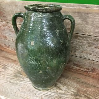 Green Turkish Antique Olive Oil Jar Jug Double Handle Pottery Handmade Glazed