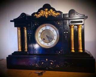 Late 19th.  Century Slate Mantle Clock By L.  P.  Japy Et Cie