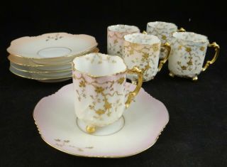 5 Antique French Limoges Demi - Tasse Cups & Saucers On Ball Feet.  Early 20th C.