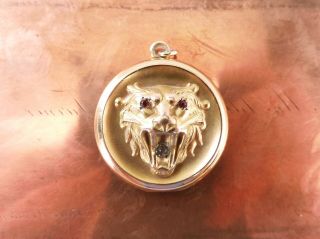 Antique S.  B.  Co.  Gold Filled Lion Locket W/ Red & White Single Cut Paste Stones