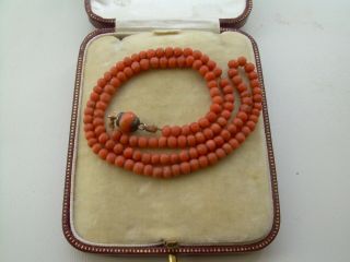 Antique Victorian Natural Red Coral Bead Necklace Rose Gold Ball Clasp 8.  14grams