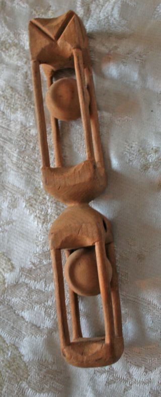 Vintage Hand Carved Whimsy Folk Art Wooden 1 Piece With 2 Balls In Cages Chain