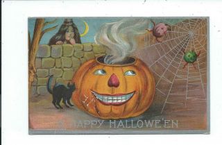 Vintage Halloween Postcard Post Card Witch Black Cat Pumpkin Spider Web