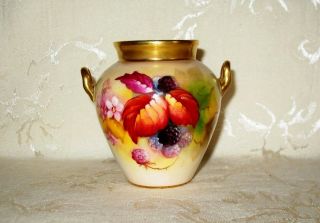 Antique Royal Worcester Vase With Hand Painted Fruit And Gold Collar And Handles