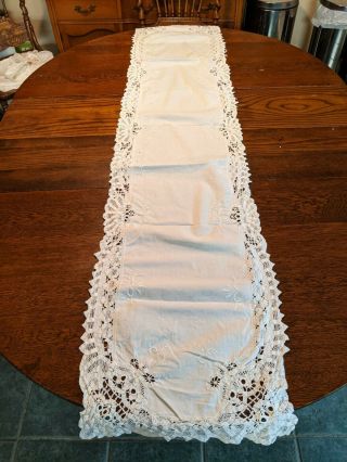 Vintage Battenburg Lace Table Runner/dresser Scarf,  White Embroidery 64 " By 16 "