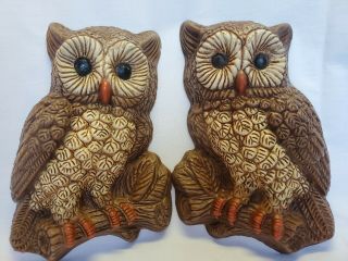 Vintage Brown & White Owls Hanging Wall Art Plaques Decor 1970 