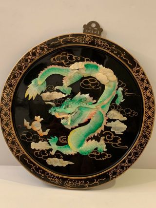 Vintage Oriental Asian Black Lacquer Mother Of Pearl Wall Art Panel With Dragon
