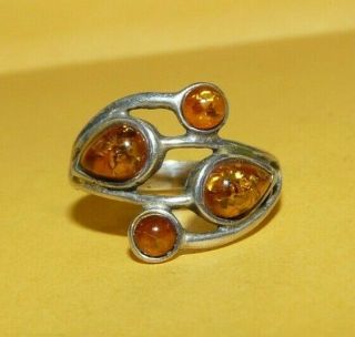 Vintage Modernist Designer " K " Sterling Silver " 925 " Amber Ring Size 8 Signed