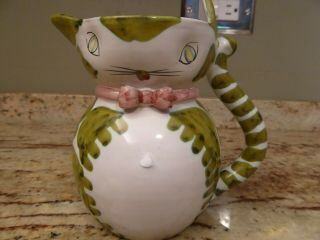 Vintage Mid - Century Art Pottery Cat Pitcher - Creamer 5” Tall - Made In Italy