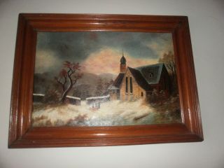 Antique Primitive Oil On Canvas Winter Scene With Church And Children On A Sled.