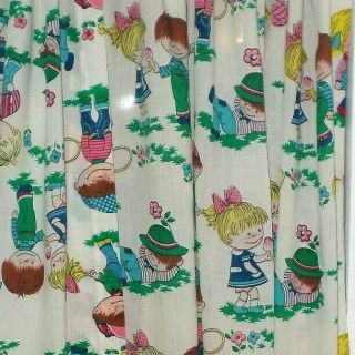 Vintage 70s Fashion Manor Jc Penny Kids Curtain Set Children Playing 40x44 Each