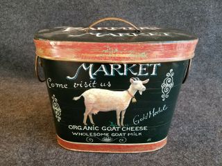 Metal Farmers Market Vintage Rustic Look Covered Bucket With Goat Decoration