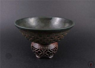 Antique Old Chinese Spinach Green Nephrite Jade Carved Brush Washer Bowl Statue
