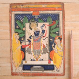 Antique Indian Miniature Painting Lord Krishna Temple 18th 19th C Mughal Hindu
