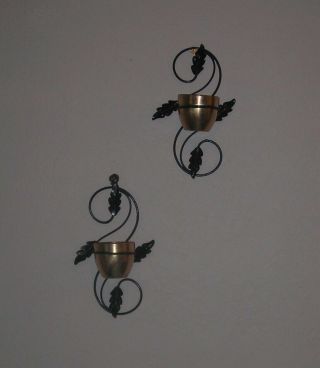 Set Of 2 Vintage Wall Planters With Brass Pots