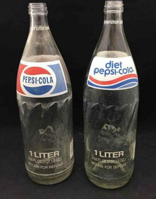 Pepsi & Diet Pepsi 1 Liter Bottles - Glass Return Deposit - Vintage 1970 