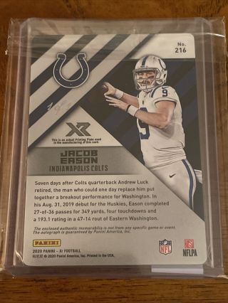 Jacob Eason 2020 XR Rookie Swatch Autograph Printing Plate Laundry Tag 1/1 COLTS 2