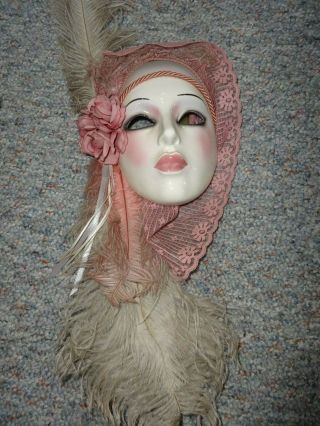 Vintage Clay Art Ceramic Wall Hanging Mask With Feathers
