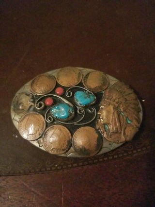 Vintage Silver Hand Made Turquoise Native American Indian Style Belt Buckle