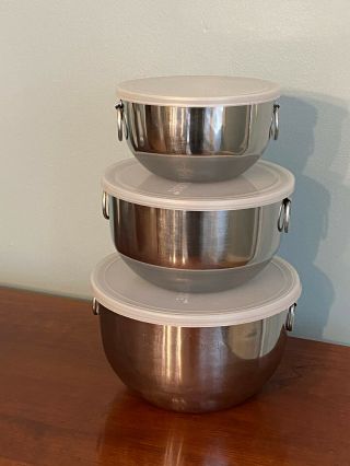 Set Of 3 Farberware Stainless Steel Nesting Bowls,  Vintage,  D - Ring W /lids