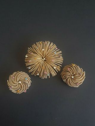 Vintage Bergere Brooch And Clip - On Earring Set Gold Tone Rhinestone Signed