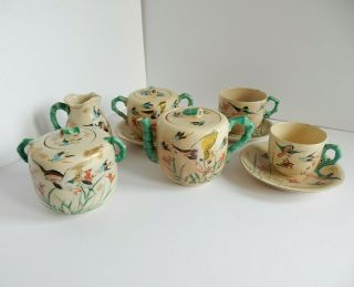 Antique Japanese Tea Pot Tea Set Crackle Glazed Bamboo Hand Painted
