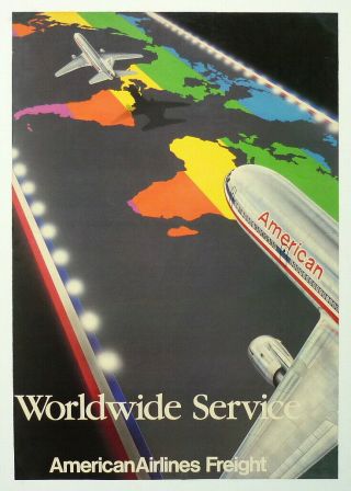American Airlines Travel Poster " Worldwide Service " 1960s Linen Backed