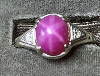 Antique 14k Solid White Gold Ruby Pink Star Sapphire With Diamonds Size 6 To 6.  5
