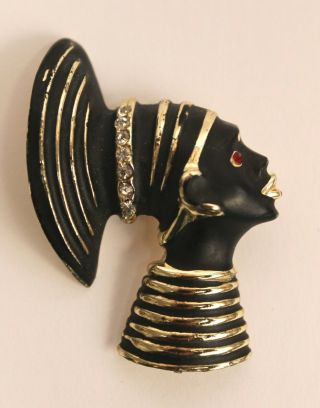 Vintage Blackamoor African Princess Pin Brooch Black,  Gold Enamel & Rhinestones