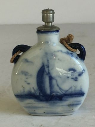 Antique Blue Delft Porcelain Perfume Scent Bottle Cork Metal Stoppe