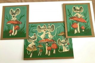Set Of 3 Vintage 1970s Paint By Number Pbn Mice Mushroom Mouse Paintings Flaws