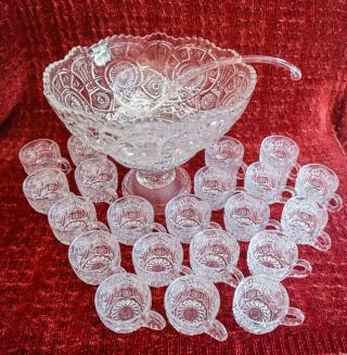 Vintage Crystal Glass Punch Bowl Set,  Base,  Ladle & 21 Cups Slightly