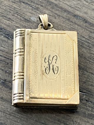 Vintage / Antique Engraved Gold Filled Book Shaped Photo Locket Charm 1” X 3/4”