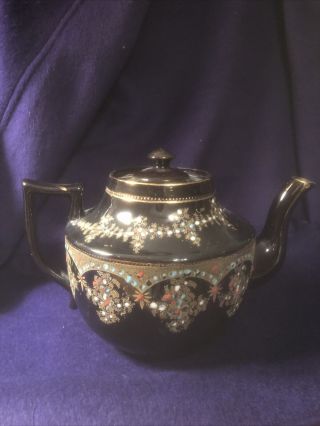 Vintage Brown Ceramic Teapot With Raised Floral Design 6.  75 " T