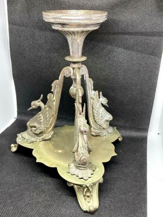 Antique French Empire Ormolu Silver.  p.  Bronze Swan Bird Candlestick Candle Holder 2
