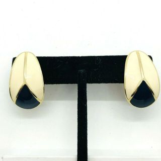 Vtg Trifari Gold Tone & Navy Blue And Ivory Enamel Pierced Earrings