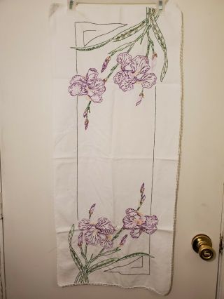 Vintage Hand Embroidered Purple Iris Floral Flowers Table Scarf Runner
