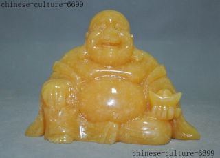 China Natural Yellow Jade Carving Wealth Yuanbao Laughter Maitreya Buddha Statue