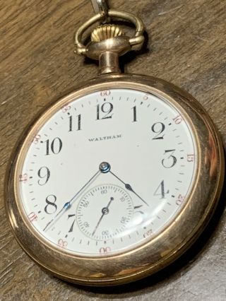 Antique Waltham Open Face Pocket Watch With Chain Gold White Face Red Numbers