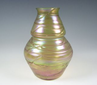Antique Bohemian Amber Yellow Iridescent Threaded Art Glass Vase