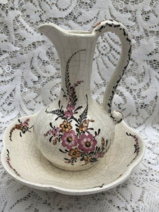 Vintage Small Pitcher With Bowl Set From Portugal.  Hand Painted.