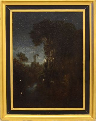 Fine Antique 19th Century French Landscape At Moonlight Oil Painting Prost