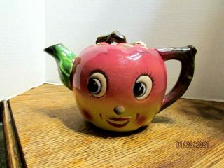 Vintage Mid Century Apple Face Teapot Tea Pot 1950s Anthropomorphic