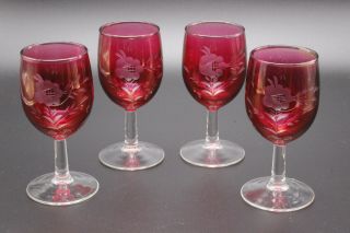 Set Of 4 Vintage Estate Cranberry Cut To Clear Flower Goblets/ Glasses Etched