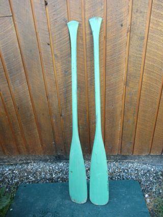 Very Interesting Vintage Wood Oars 55 " Long Paddles With Green Finish